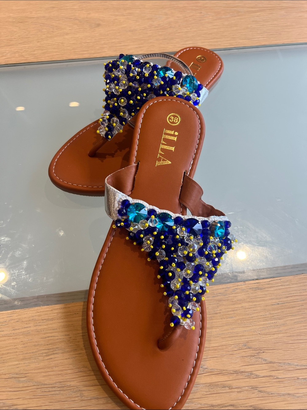 Brown Sandals with Blue Bead Embellishment